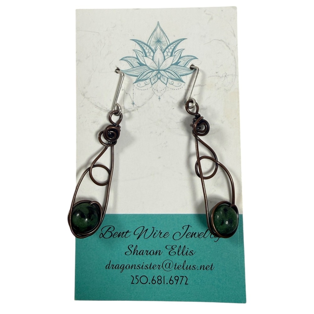 Bent Wire Jewelry Handmade in Canada Earrings Green Stone Dangle Boho